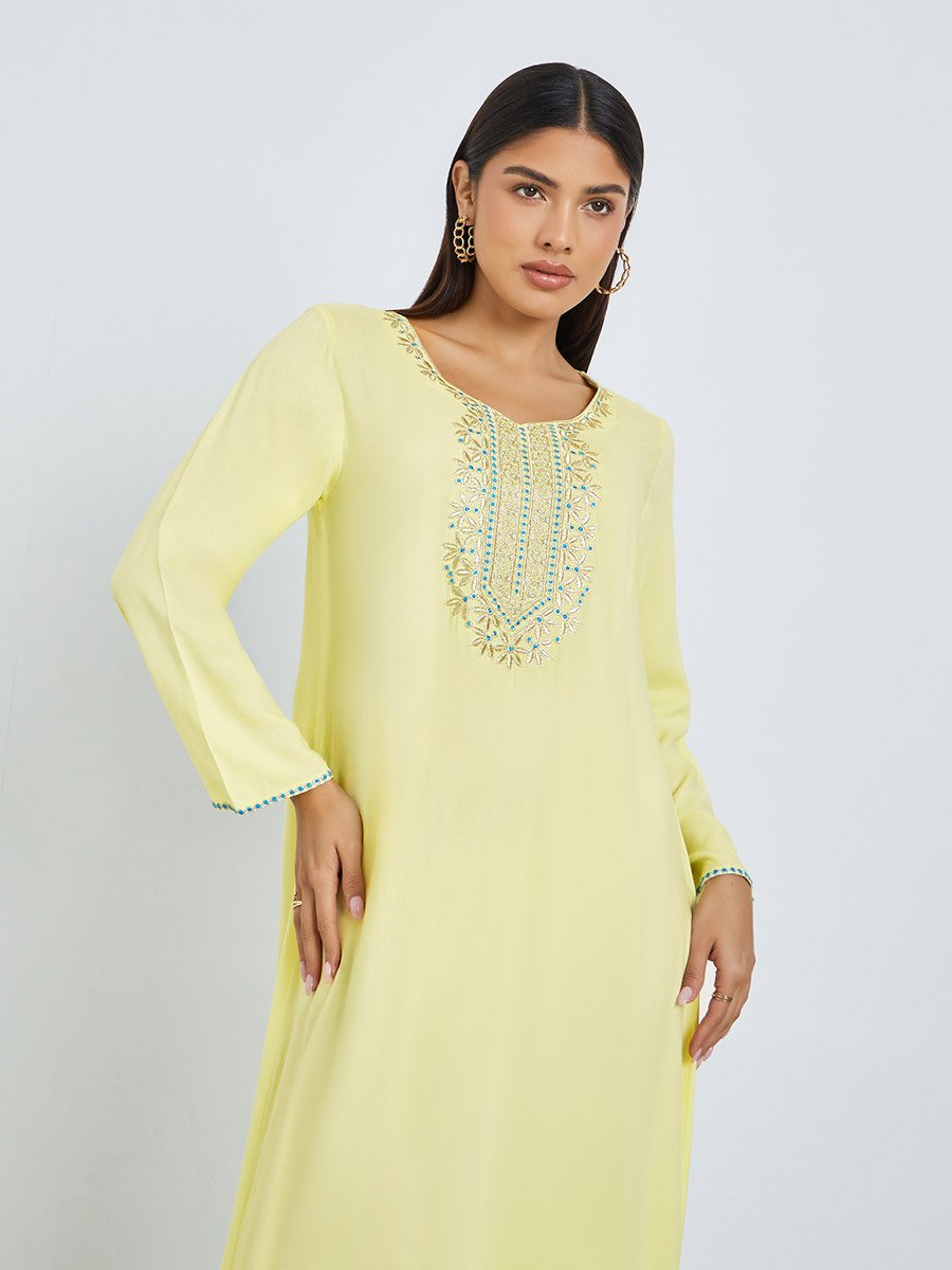 Yellow Jalabiya with Embroidery