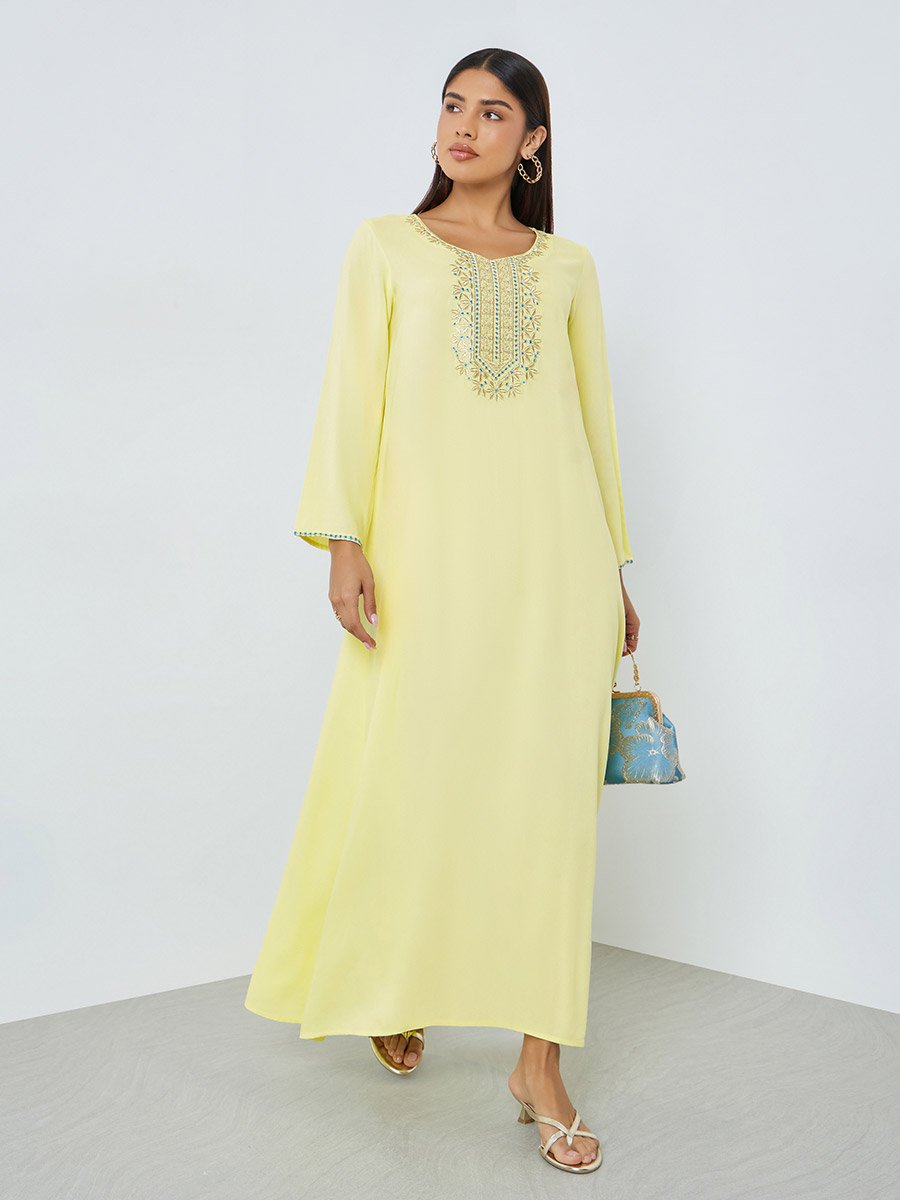 Yellow Jalabiya with Embroidery