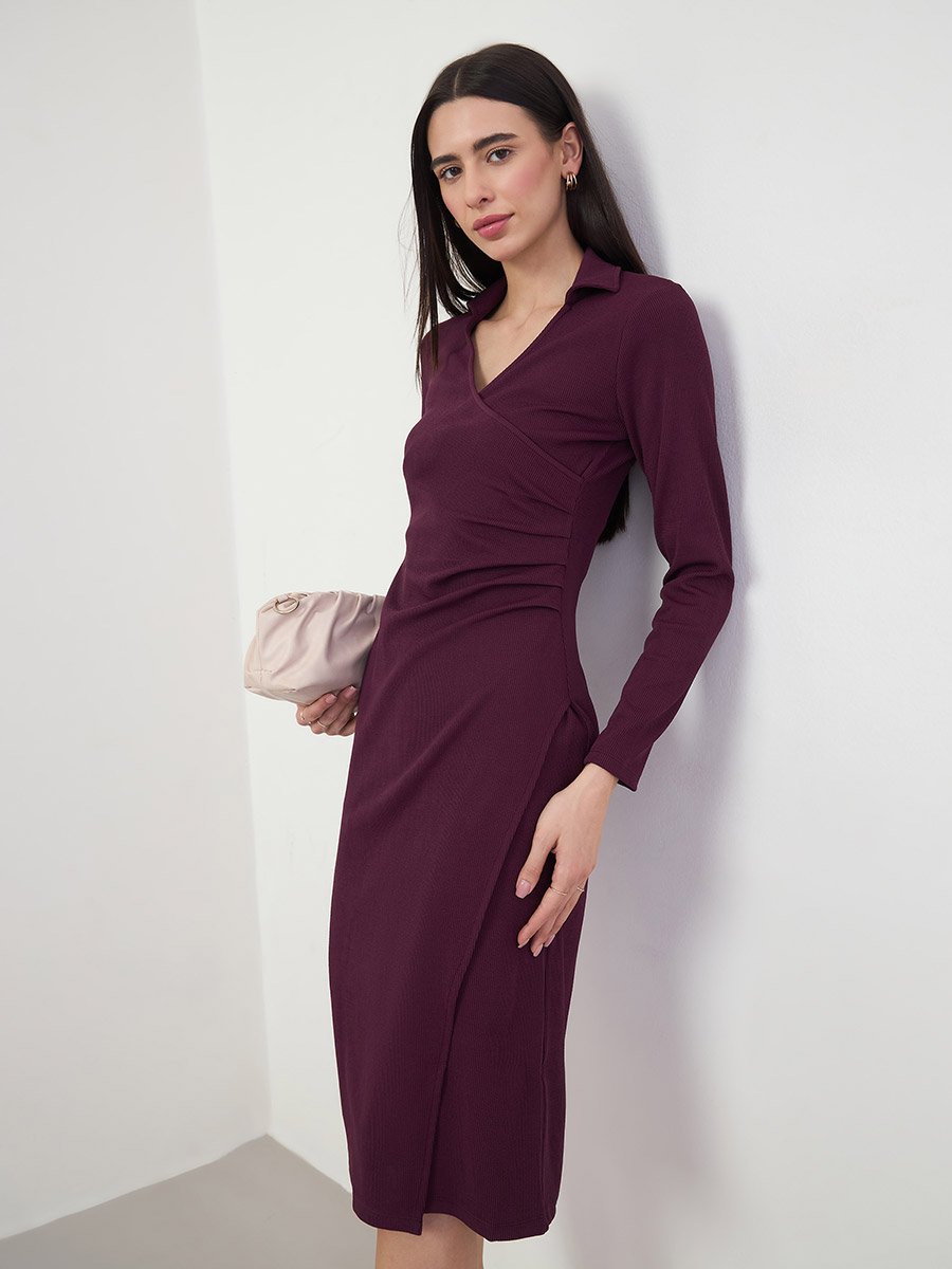 Women Burgundy Ribbed Bodycon Midi Dress For Women at Bahrain | Styli Women Burgundy Ribbed Bodycon Midi Dress For Women at Bahrain | Styli