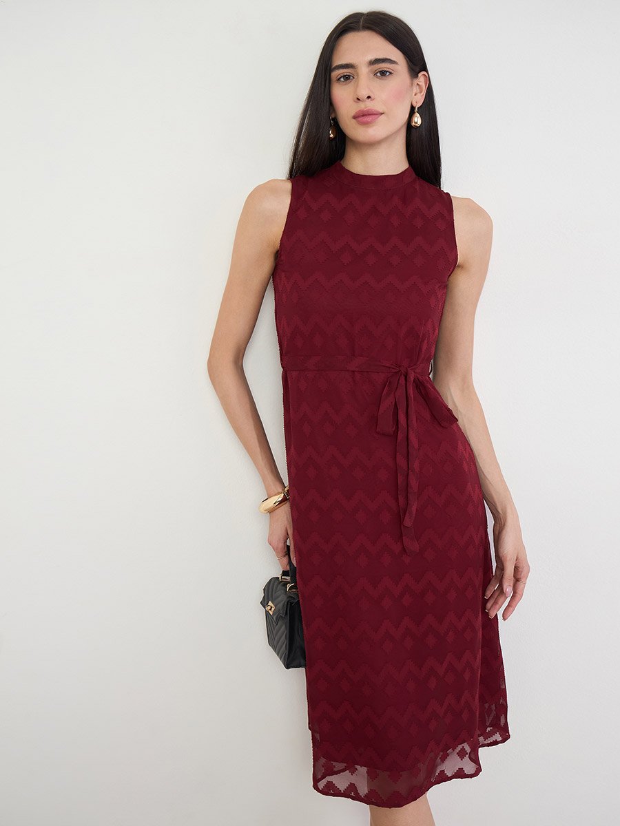 Red Sleeveless Midi Dress with Tie-Belt