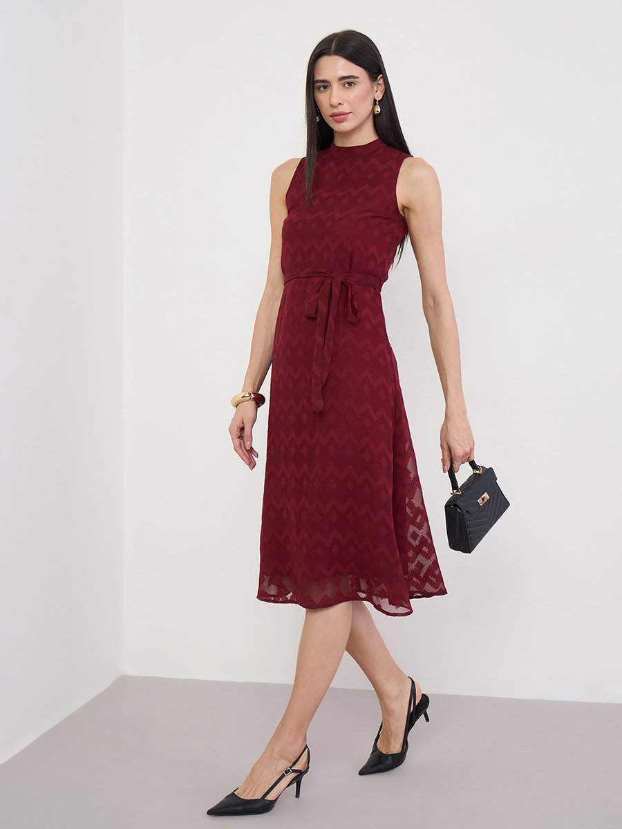 Red Sleeveless Midi Dress with Tie-Belt