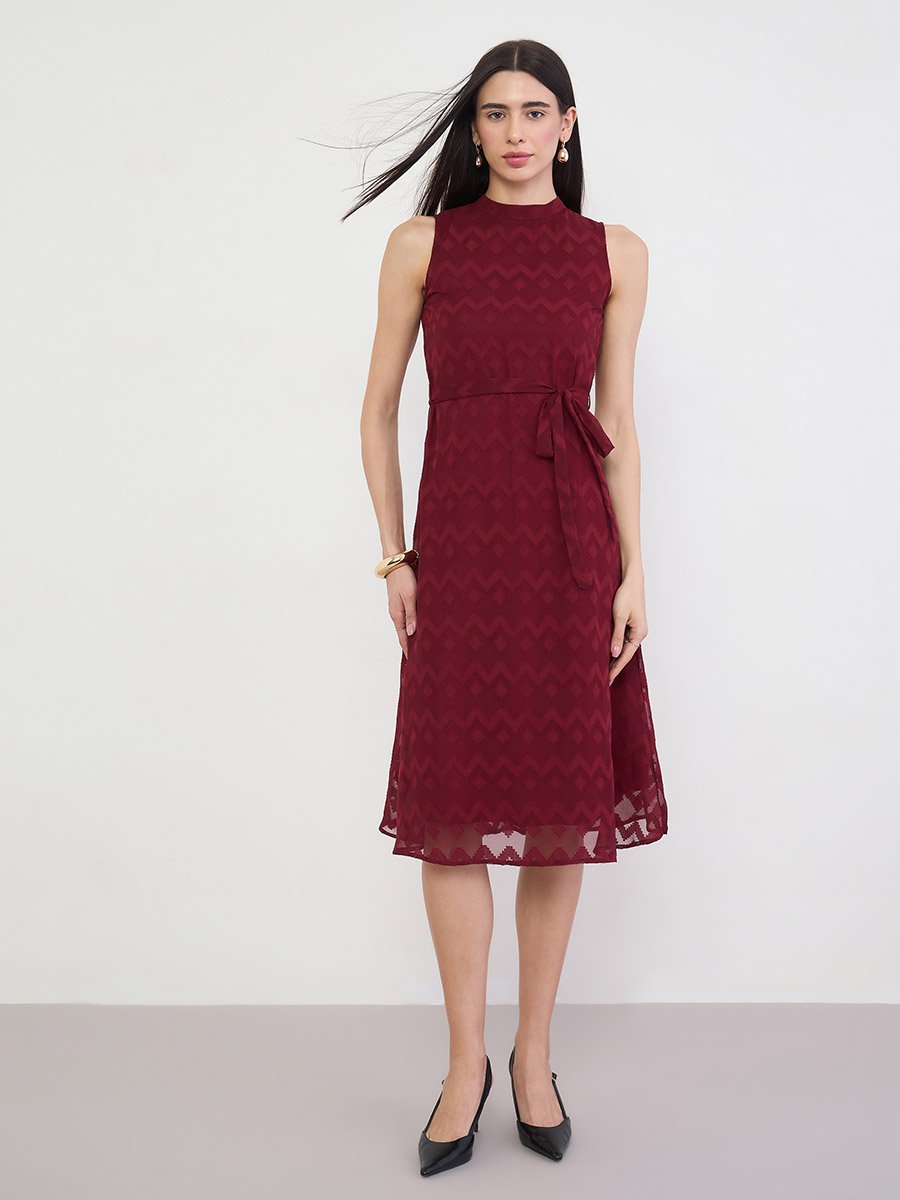 Red Sleeveless Midi Dress with Tie-Belt