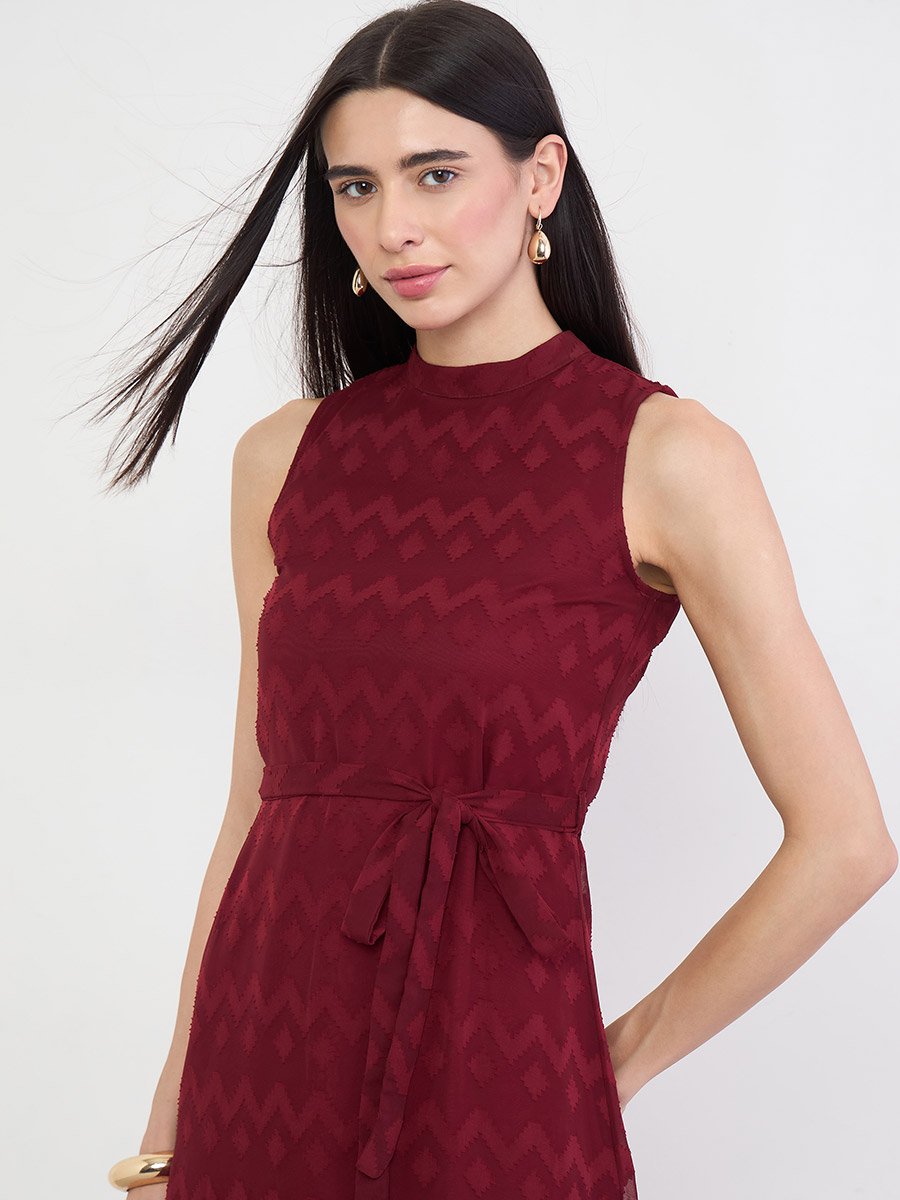 Red Sleeveless Midi Dress with Tie-Belt