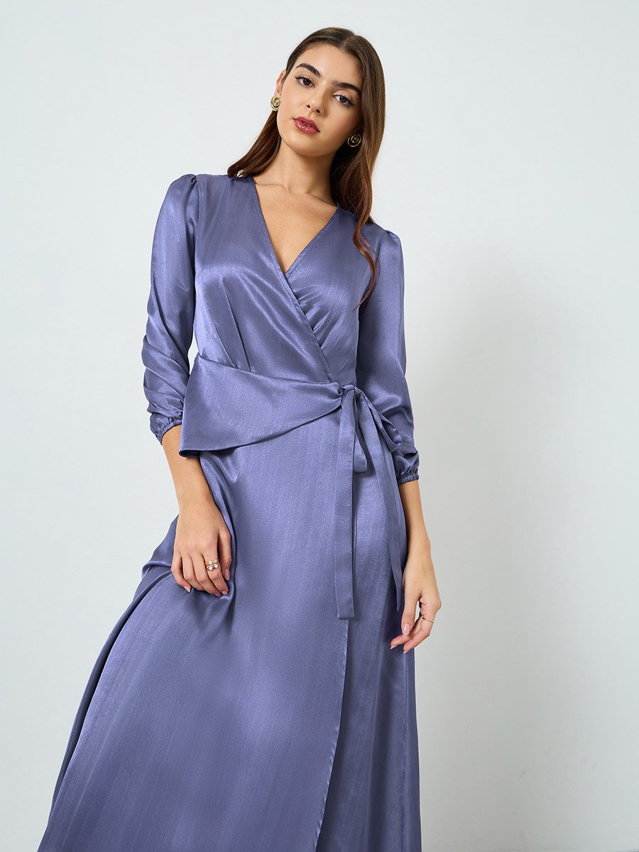 strapless open back dress Flare Sleeves Maxi Wrap Dress in Midnight Plum main image 1