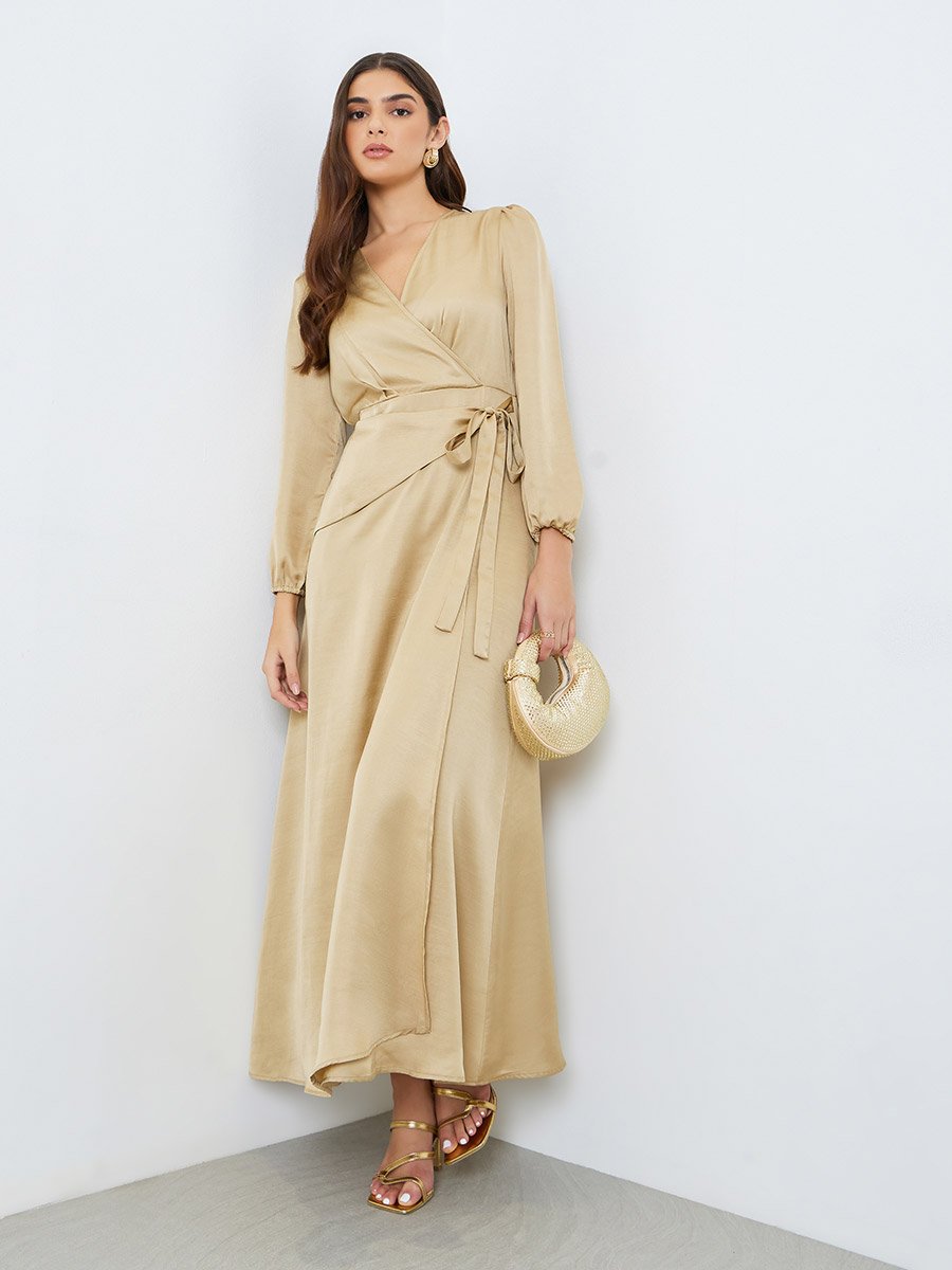 Beige Long Sleeves Wrap Maxi Dress For Women at UAE | Styli