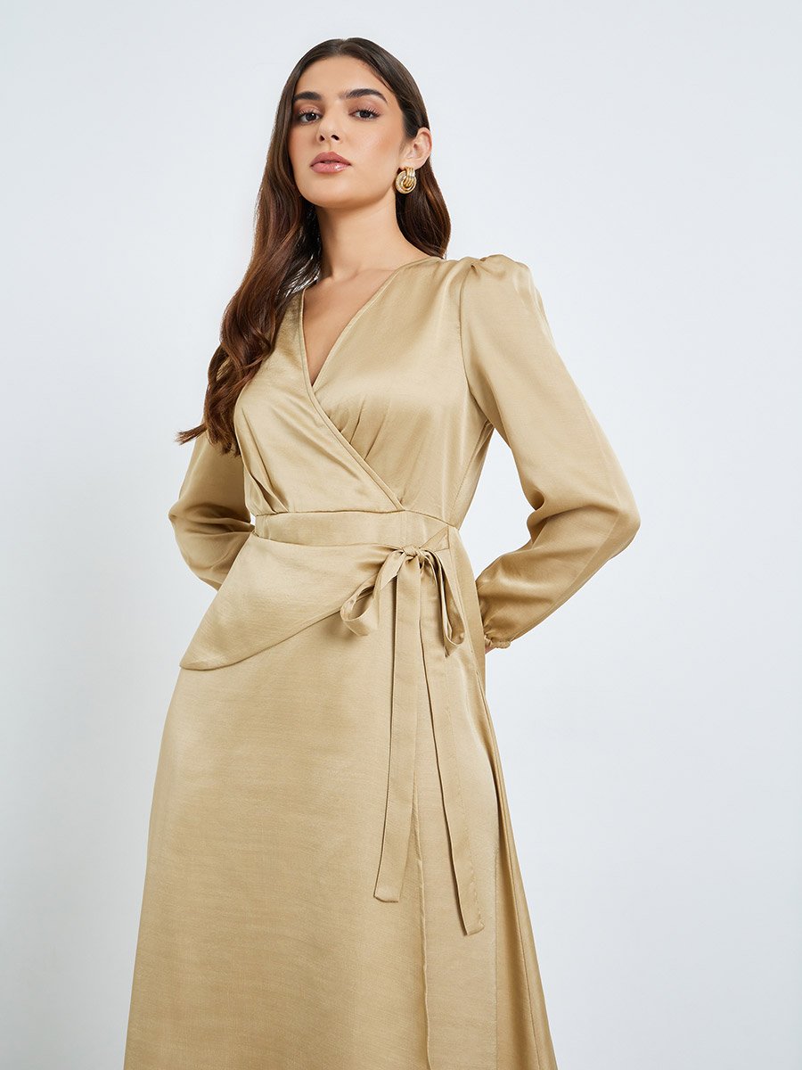 Beige Long Sleeves Wrap Maxi Dress For Women at UAE | Styli