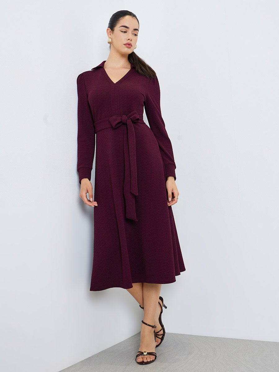 Women Burgundy Tie-Waist A-Line Midi Dress