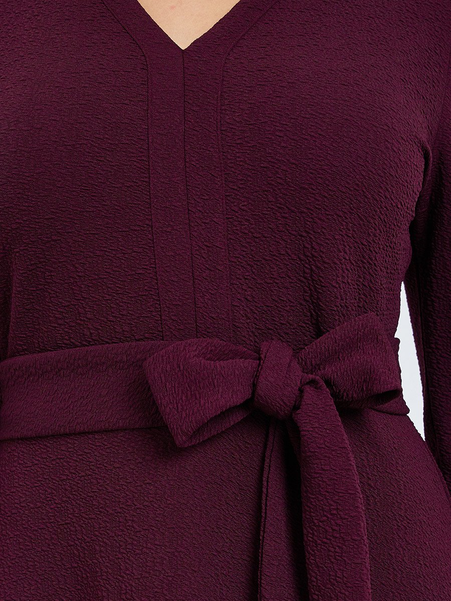 Women Burgundy Tie-Waist A-Line Midi Dress For Women at Kuwait | Styli