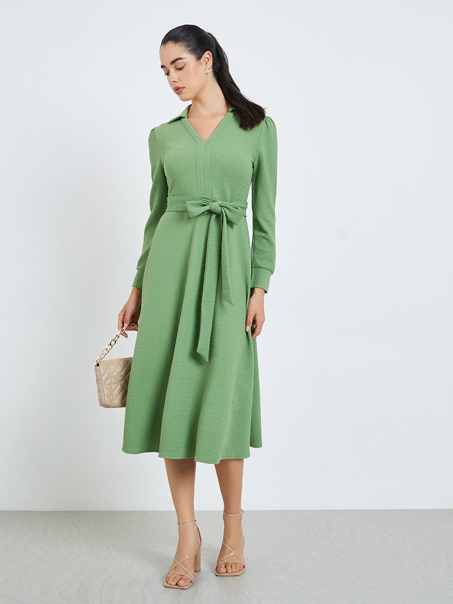 Women Green Tie-Waist A-Line Midi Dress