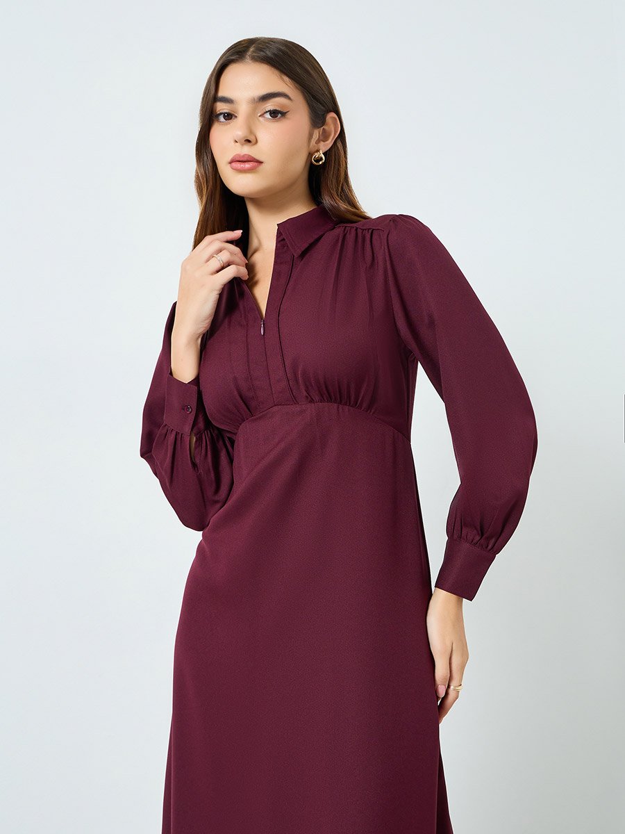 Women Burgundy Balloon Sleeve A-Line Maxi Dress For Women at UAE | Styli
