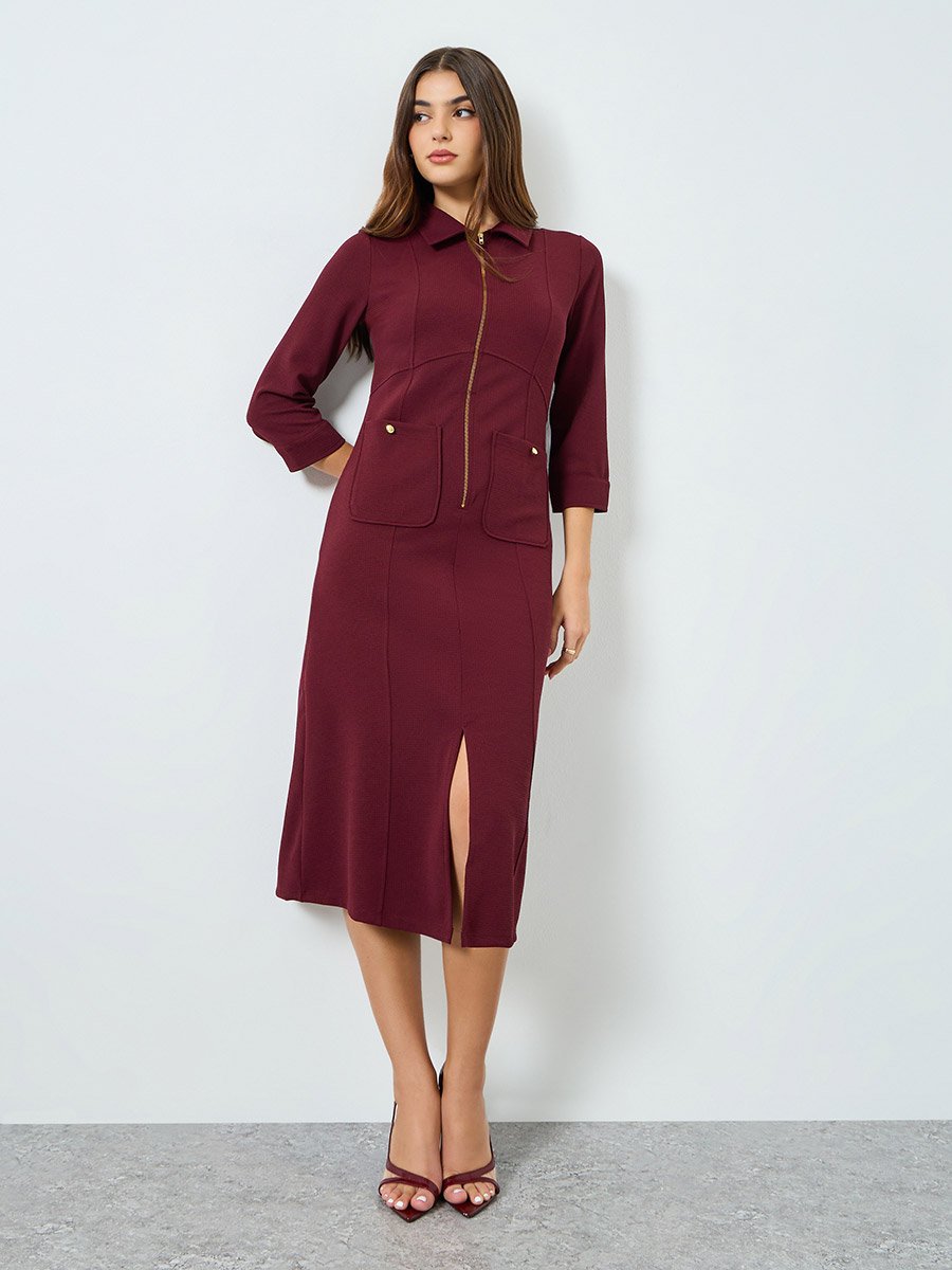 Women Burgundy Shirt Midi Dress with 3/4th Sleeves