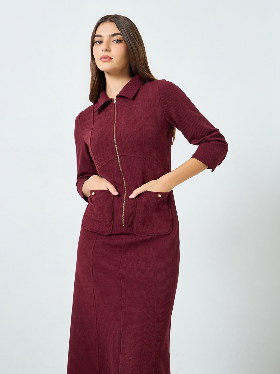 Women Burgundy Shirt Midi Dress with 3/4th Sleeves