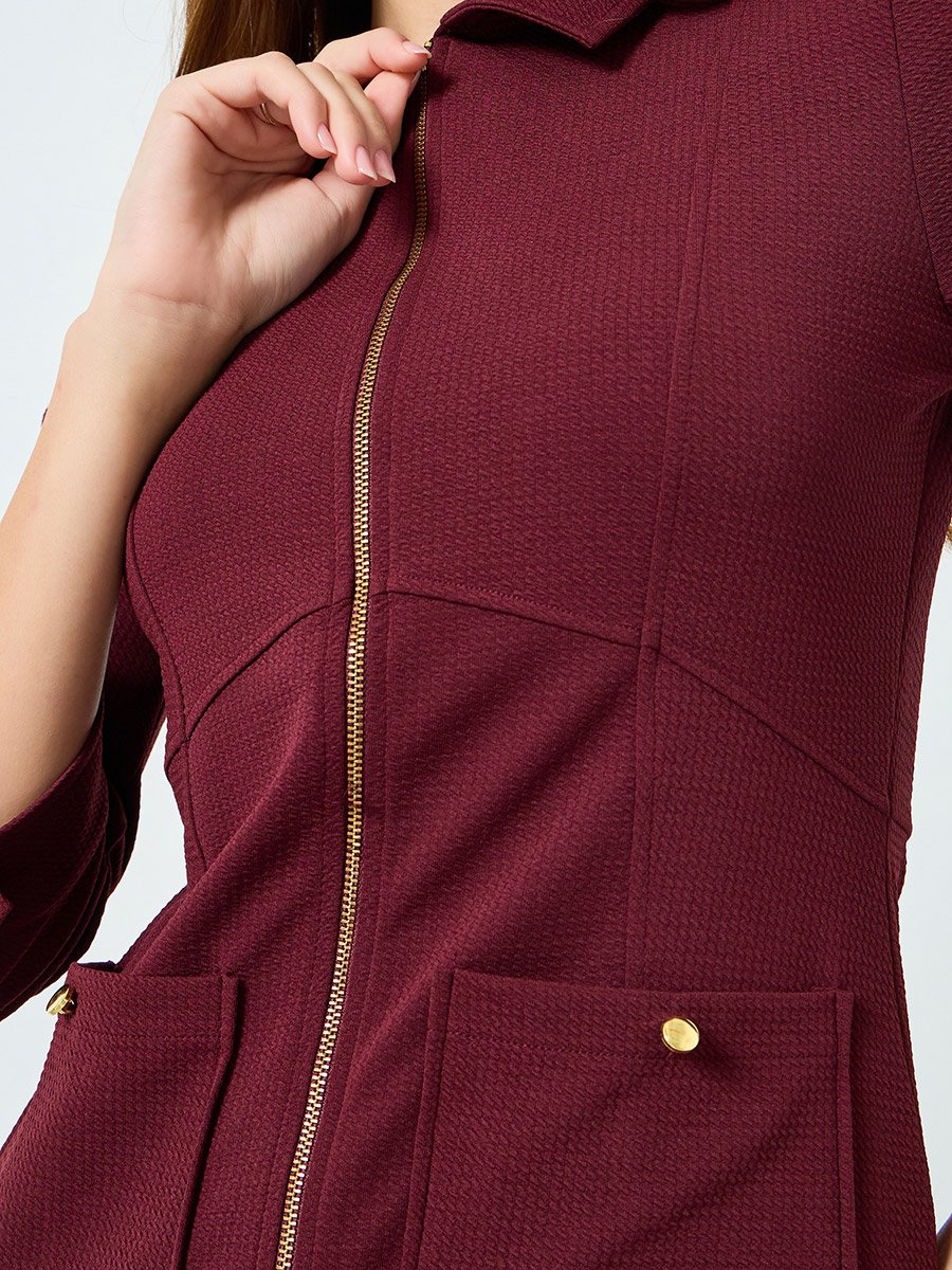 Women Burgundy Shirt Midi Dress with 3/4th Sleeves