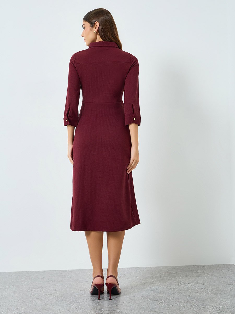 burgundy shirt dress midi Wine Satin Belted 3/4 Sleeve Gold Buttons Shirt Midi Dress – AX Paris US