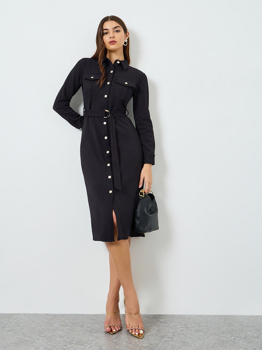 Women Black Belted Shirt Midi Dress