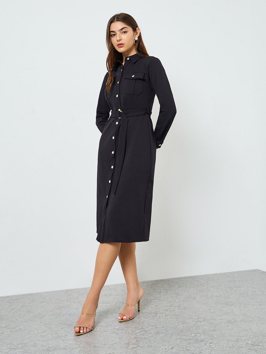 Women Black Belted Shirt Midi Dress