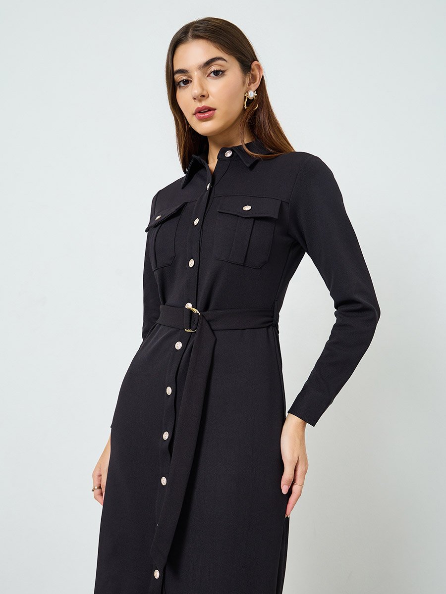 Women Black Belted Shirt Midi Dress