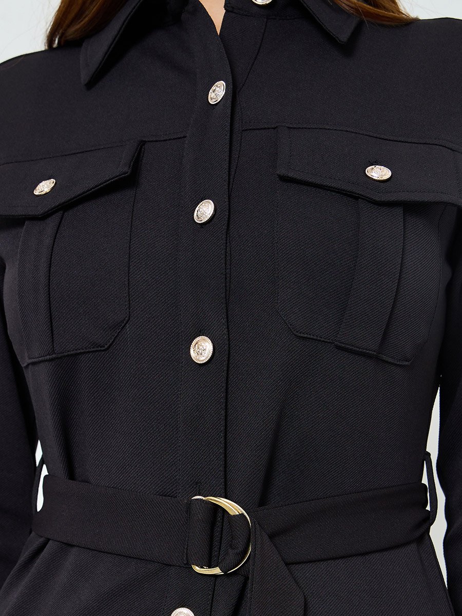 Women Black Belted Shirt Midi Dress