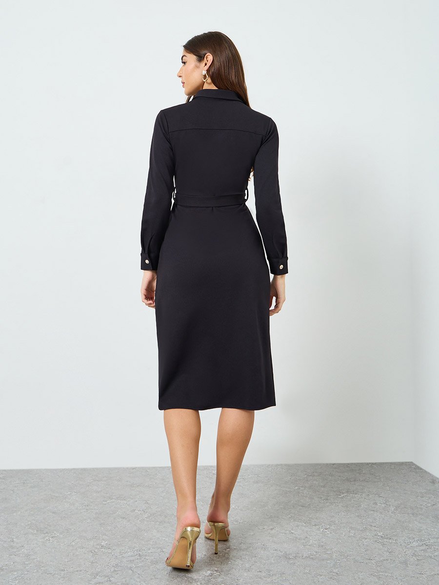 Women Black Belted Shirt Midi Dress