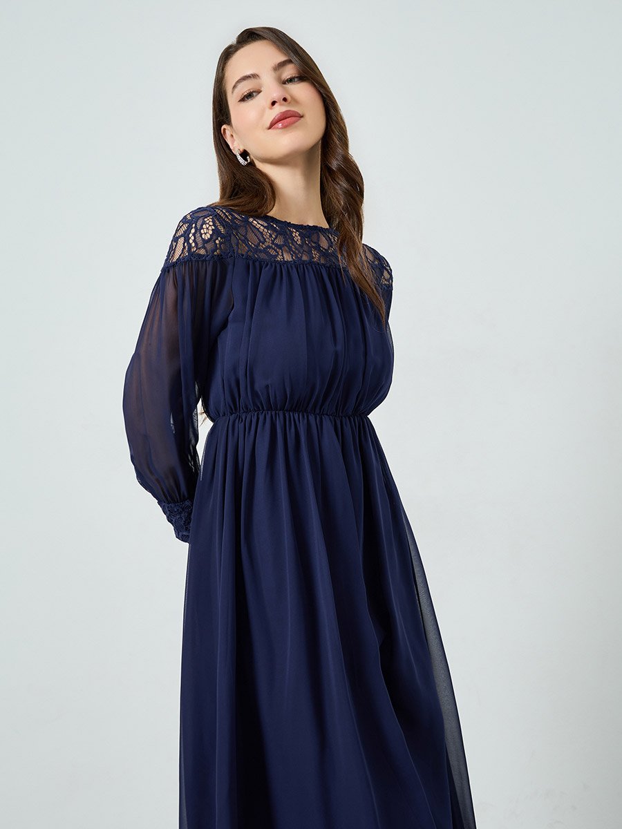 Navy Blue Lace Insert A-Line Maxi Dress