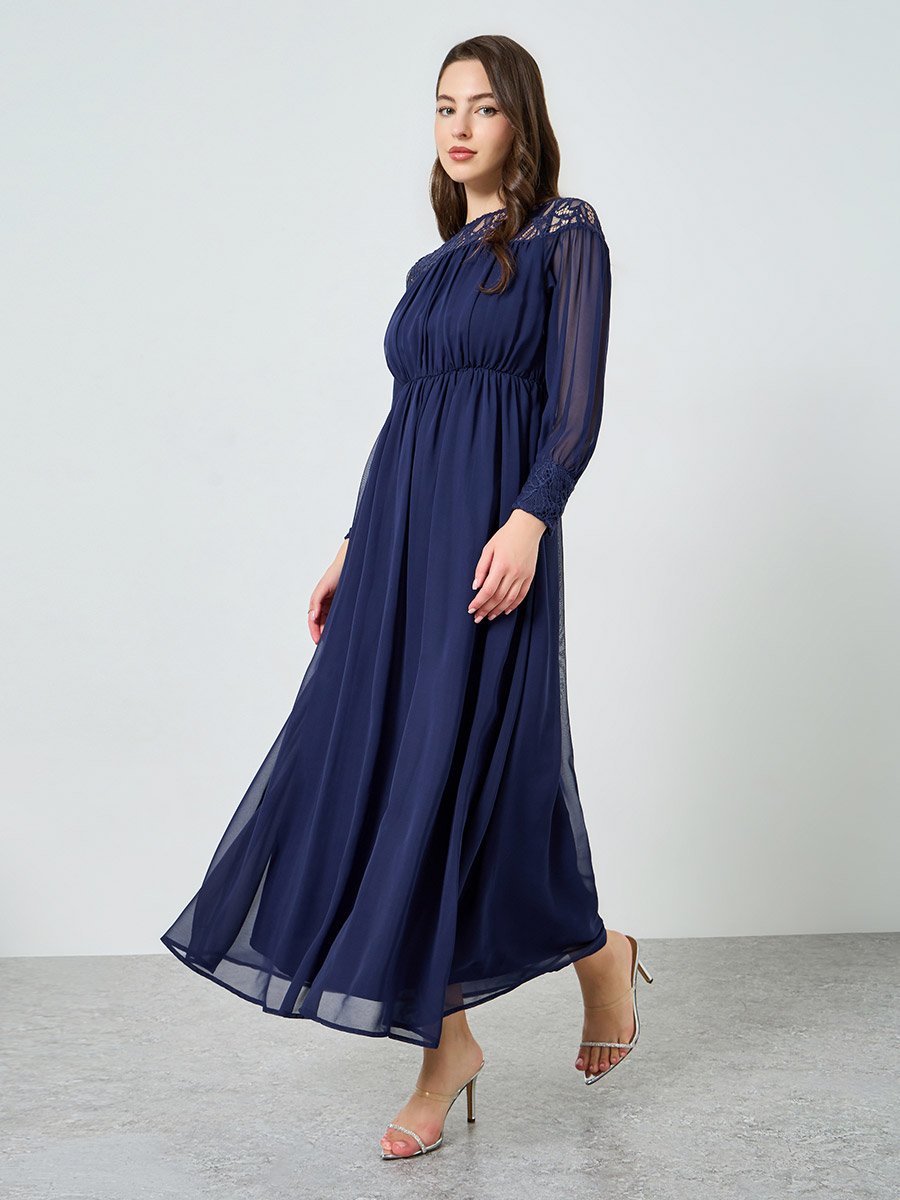 Navy Blue Lace Insert A-Line Maxi Dress