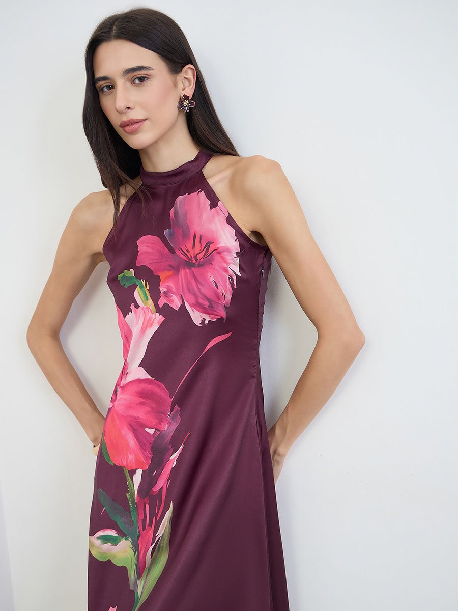 Purple Halter Neck Floral Maxi Dress