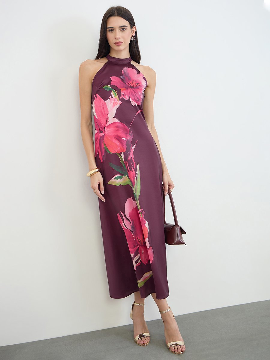 Purple Halter Neck Floral Maxi Dress