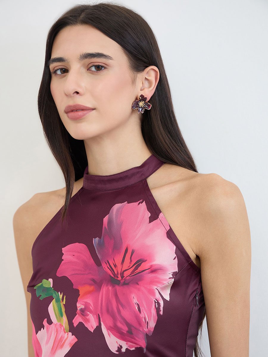 Purple Halter Neck Floral Maxi Dress