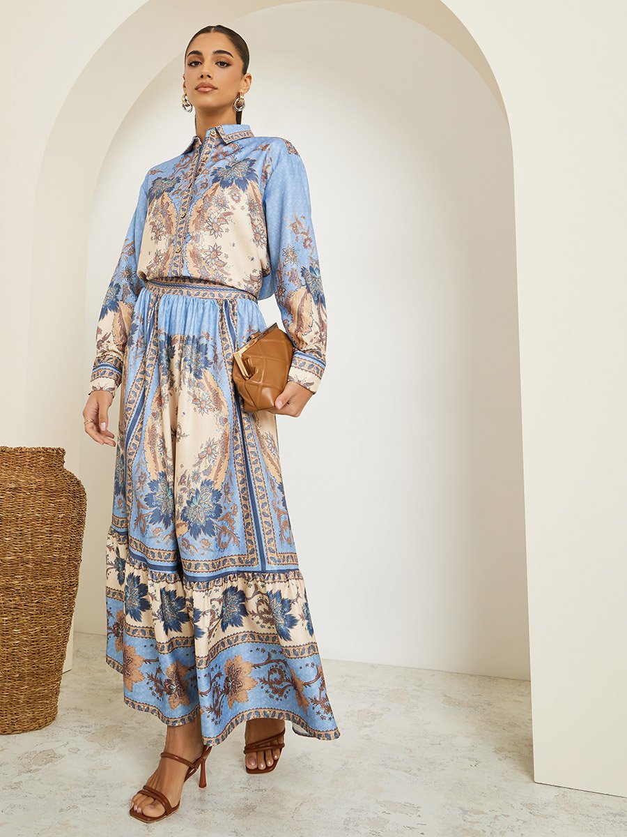 Women Printed Buttoned Top with Maxi Skirt Co-Ords