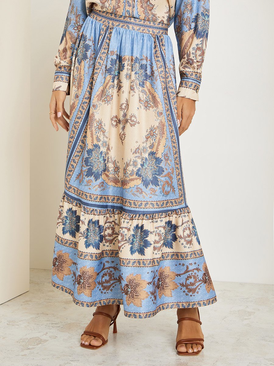 Women Printed Buttoned Top with Maxi Skirt Co-Ords