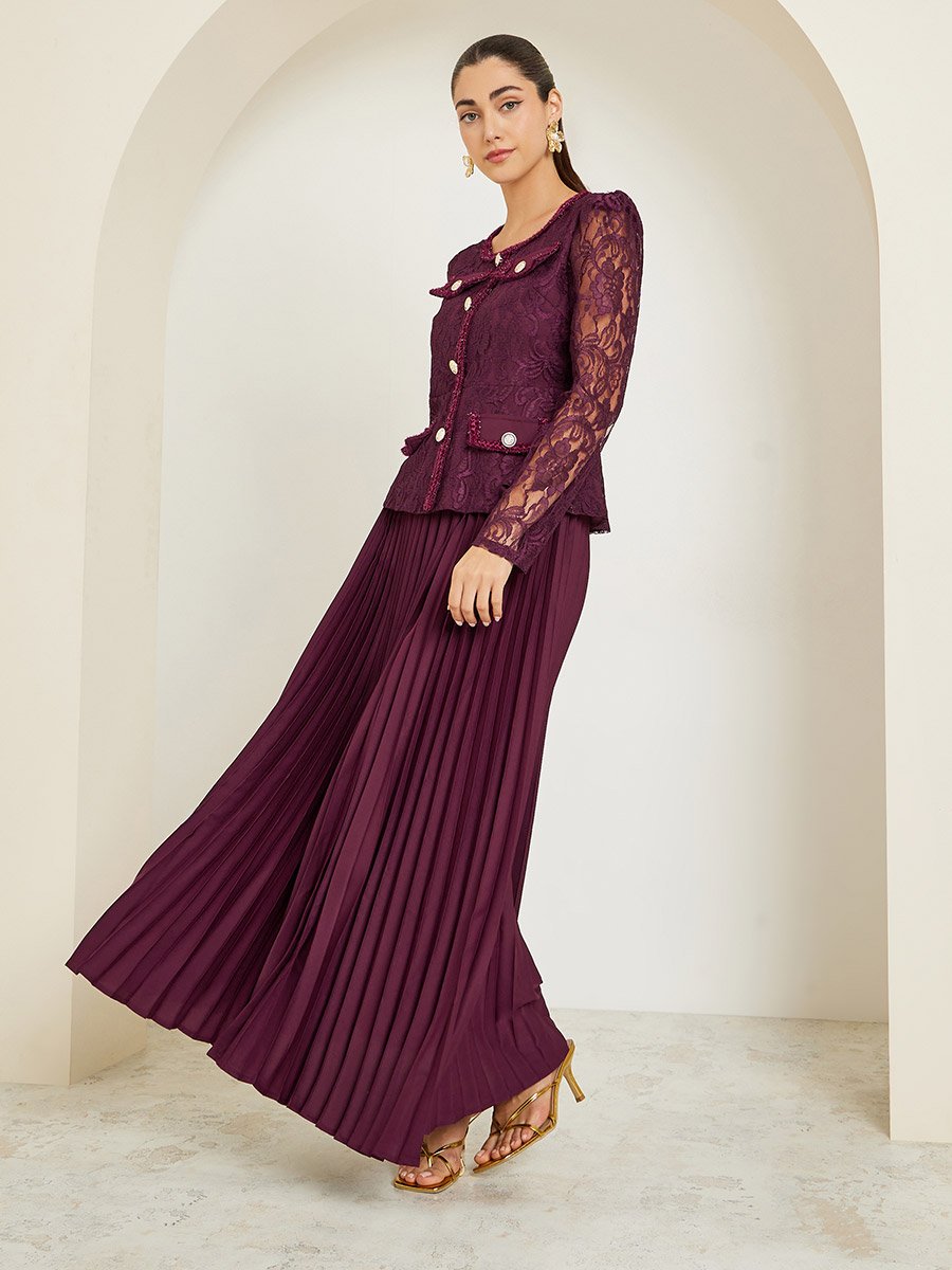 Burgundy Lace Top and Pleated Skirt Co-ords For Women at Kuwait | Styli