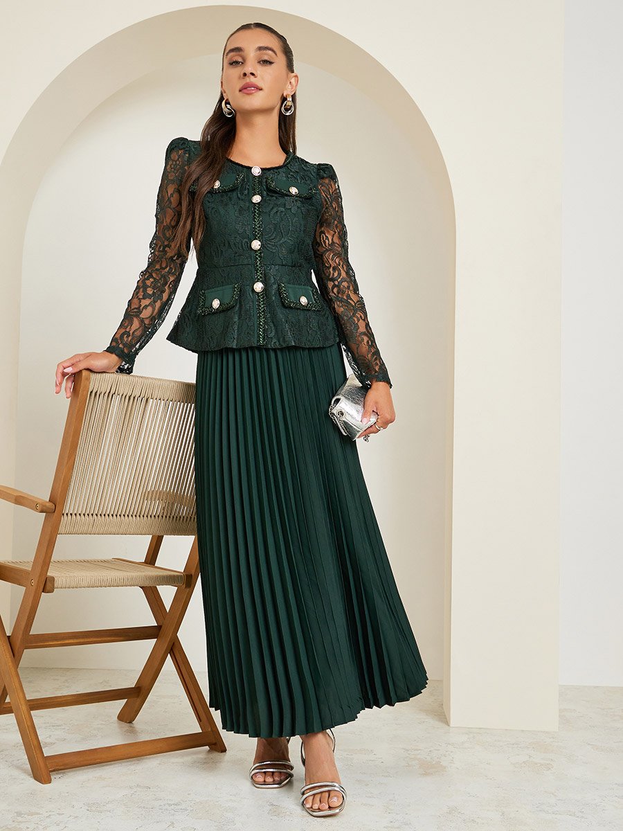 Dark Green Lace Top and Pleated Skirt Co-ords