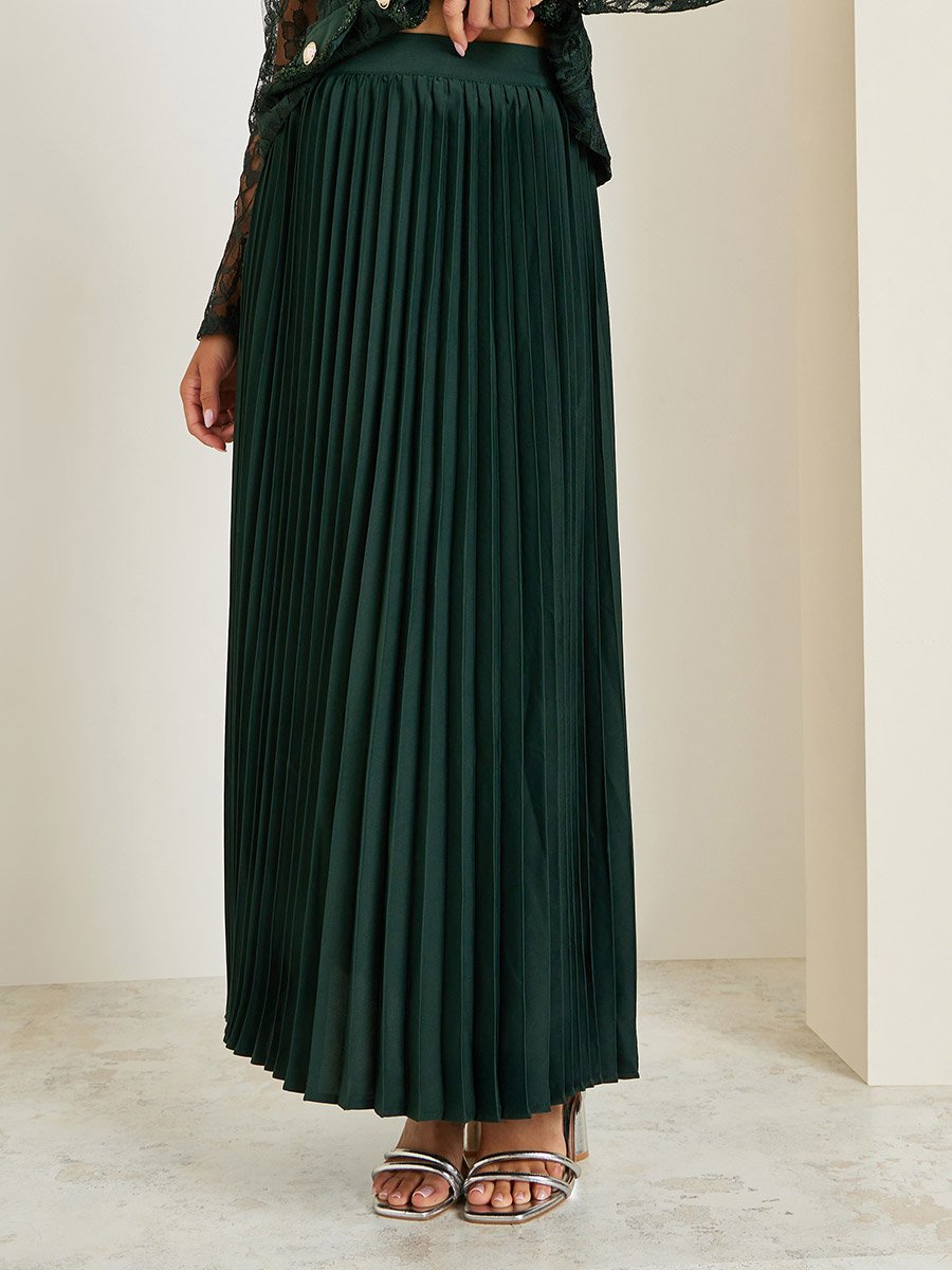 Dark Green Lace Top and Pleated Skirt Co-ords