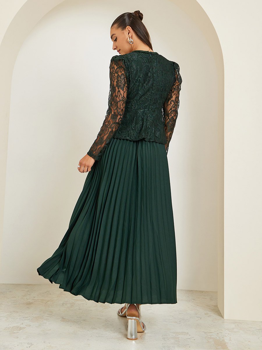 Dark Green Lace Top and Pleated Skirt Co-ords