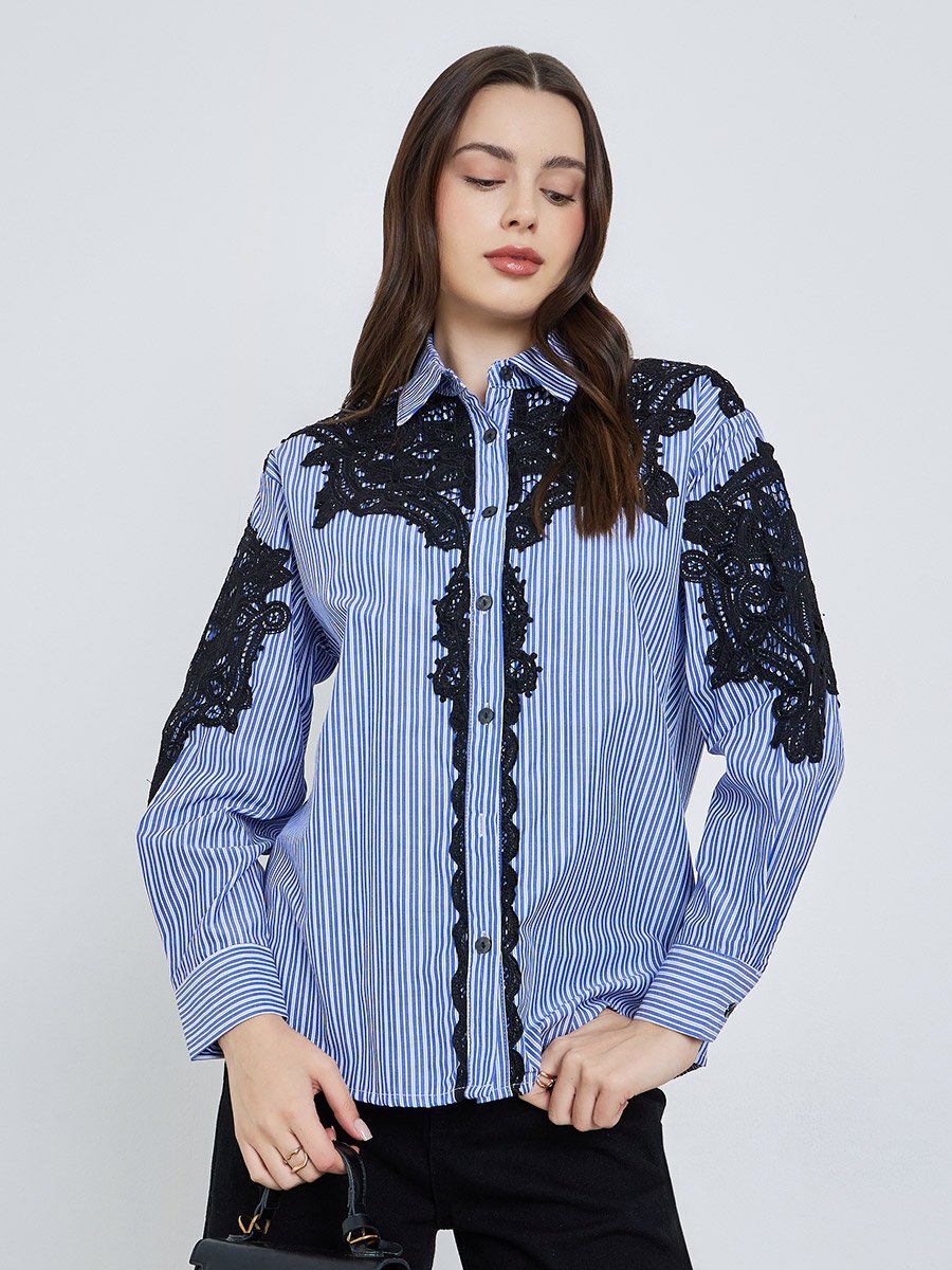 Women Blue Striped Shirt with Lace Trim