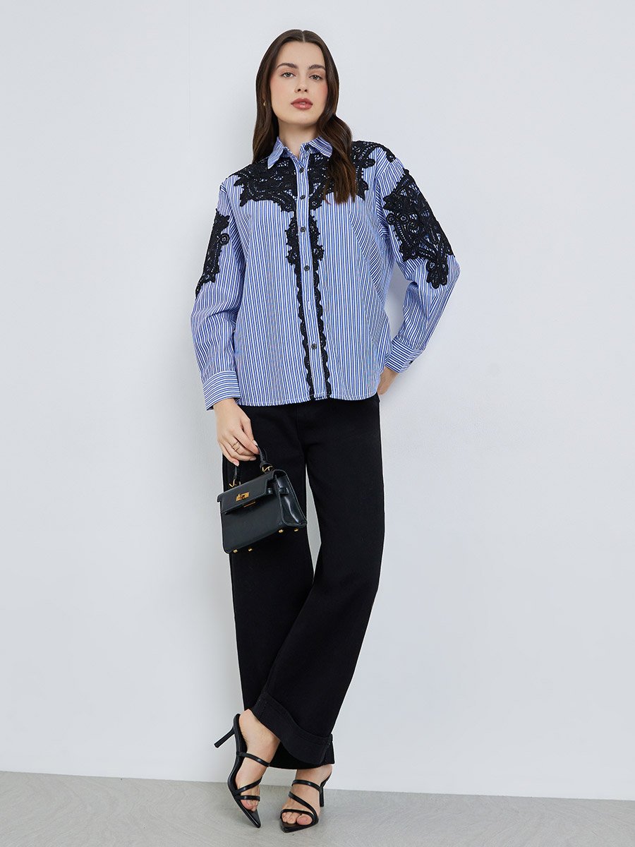 Women Blue Striped Shirt with Lace Trim