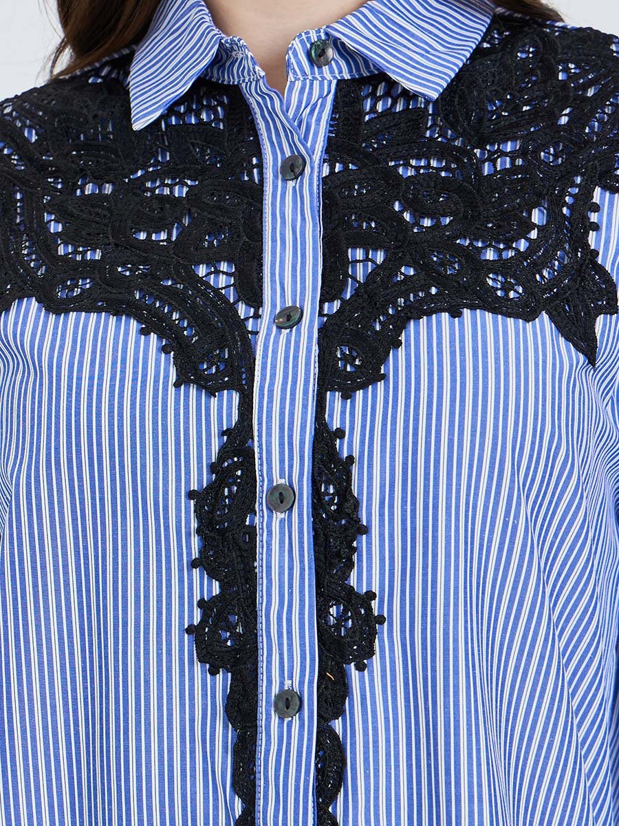 Women Blue Striped Shirt with Lace Trim