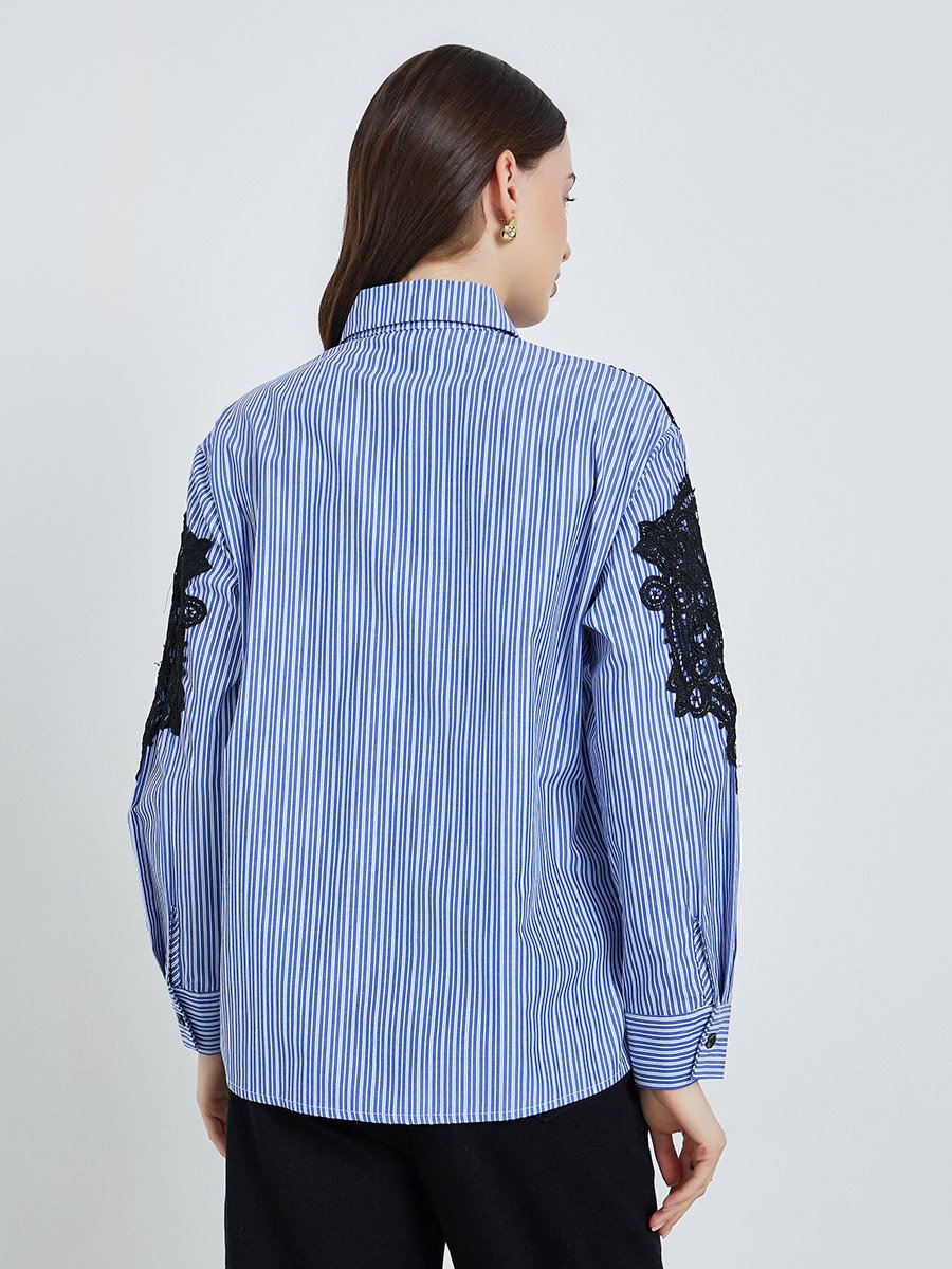 Women Blue Striped Shirt with Lace Trim