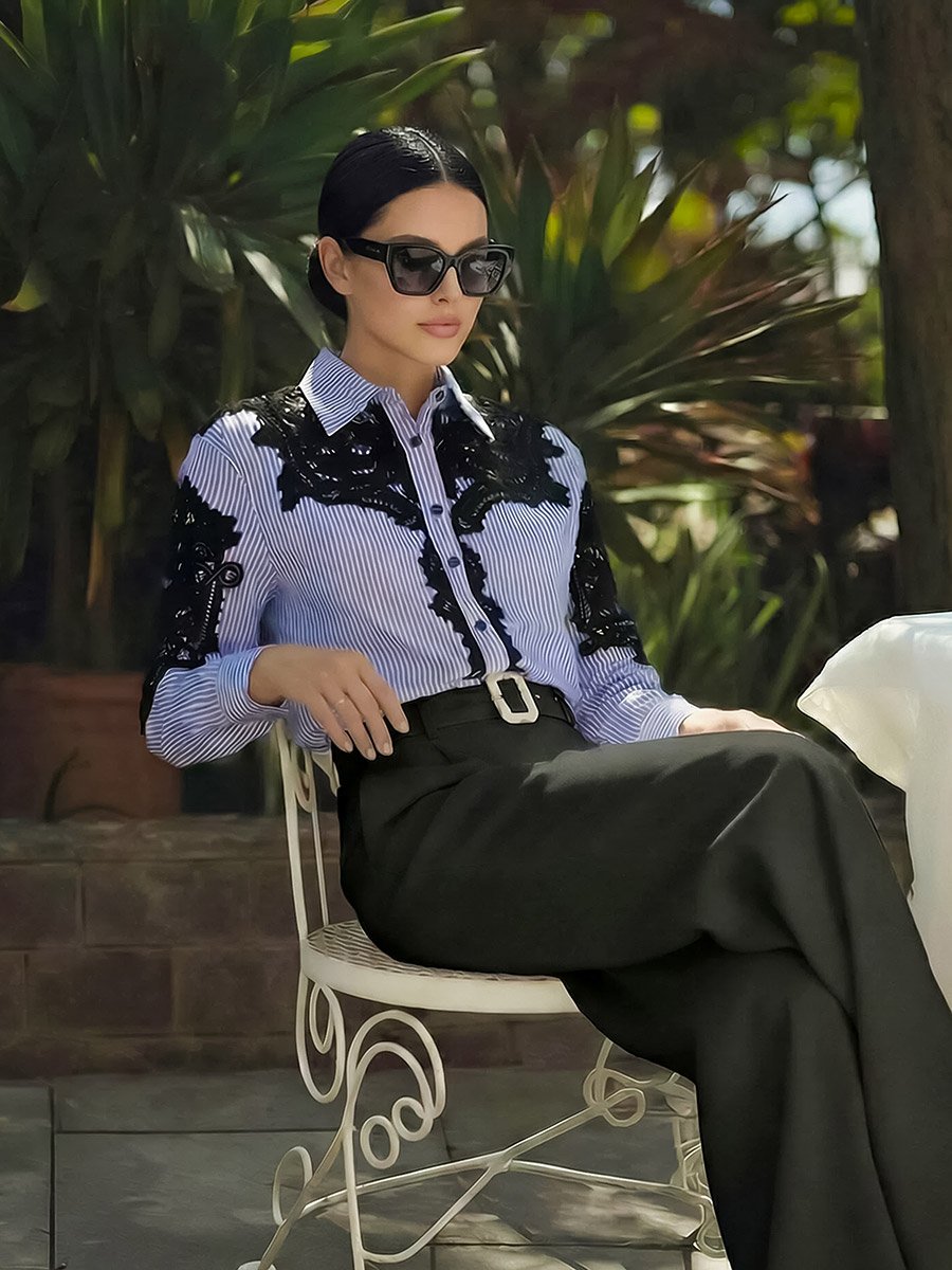 Women Blue Striped Shirt with Lace Trim