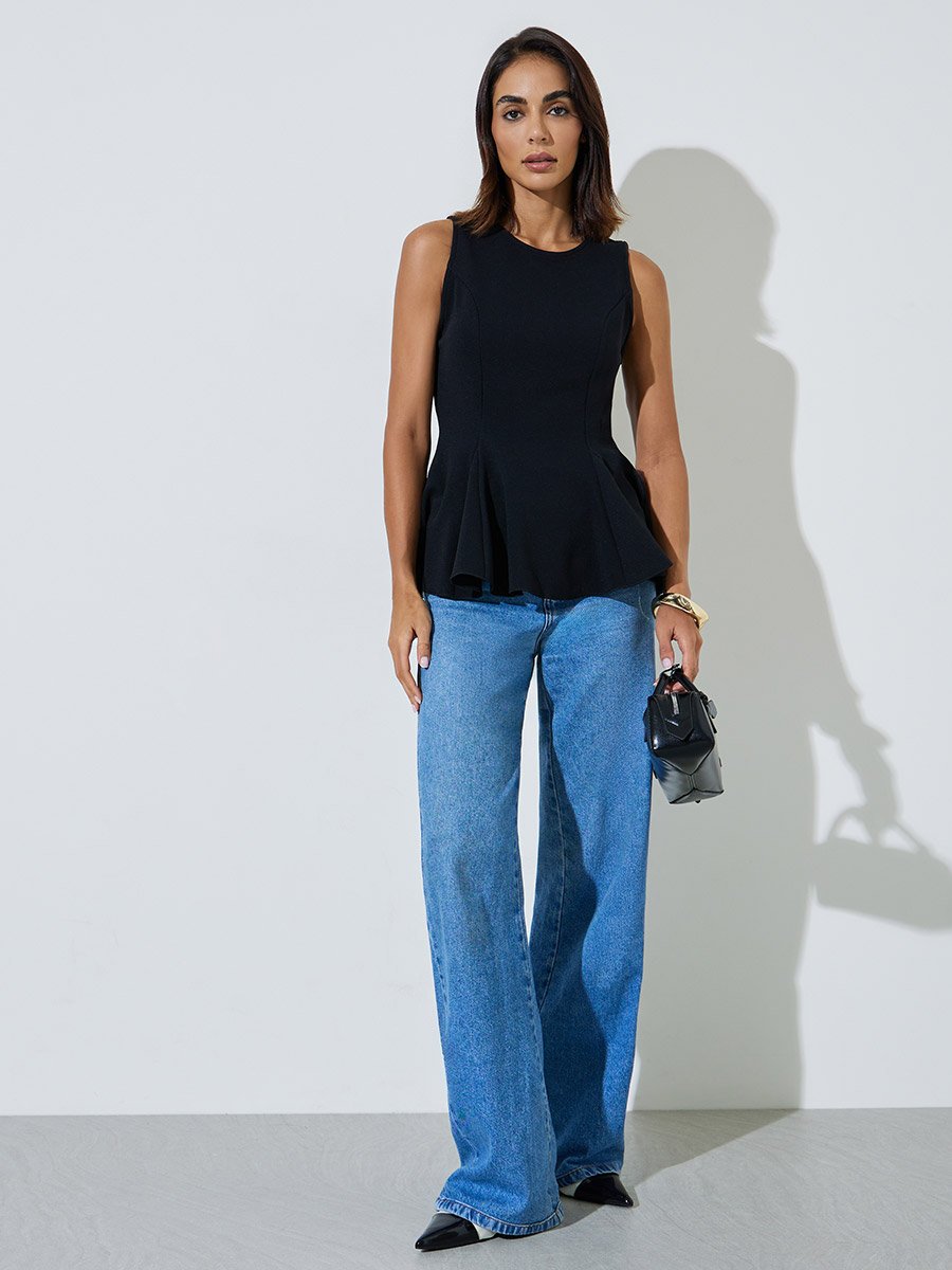 Black Sleeveless Peplum Knit Top