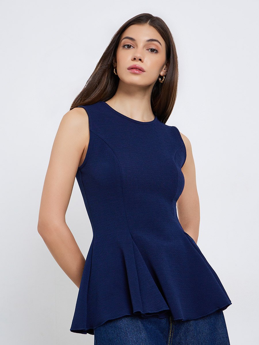 Women Navy Blue Sleeveless Knit Peplum Top For Women at UAE | Styli