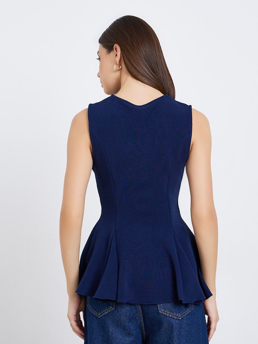 Navy Blue Sleeveless Peplum Knit Top For Women at UAE | Styli