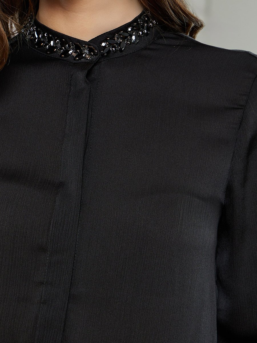 Women Black Embellished Long Sleeve Shirt
