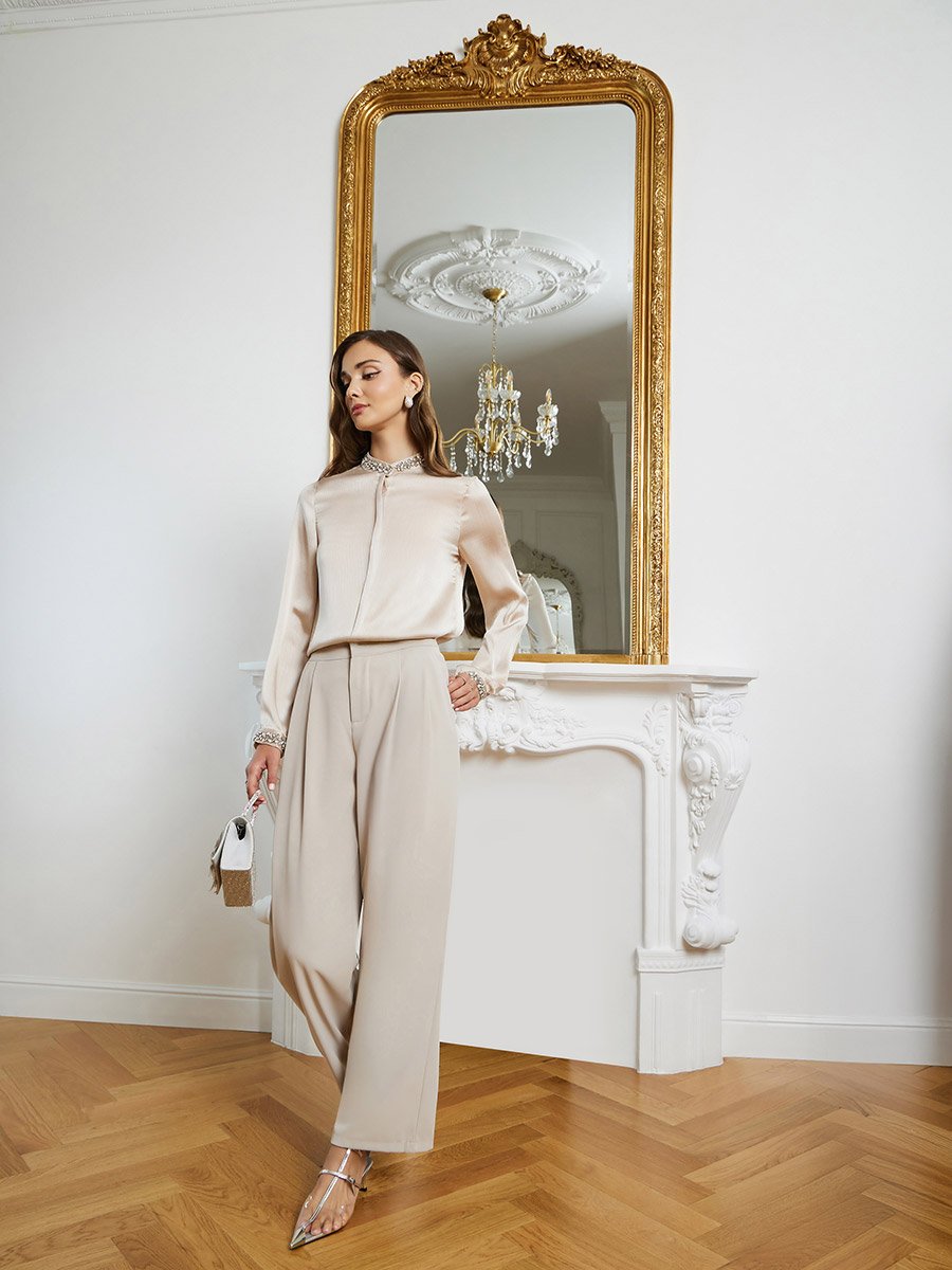 Women Beige Embellished Long Sleeve Shirt