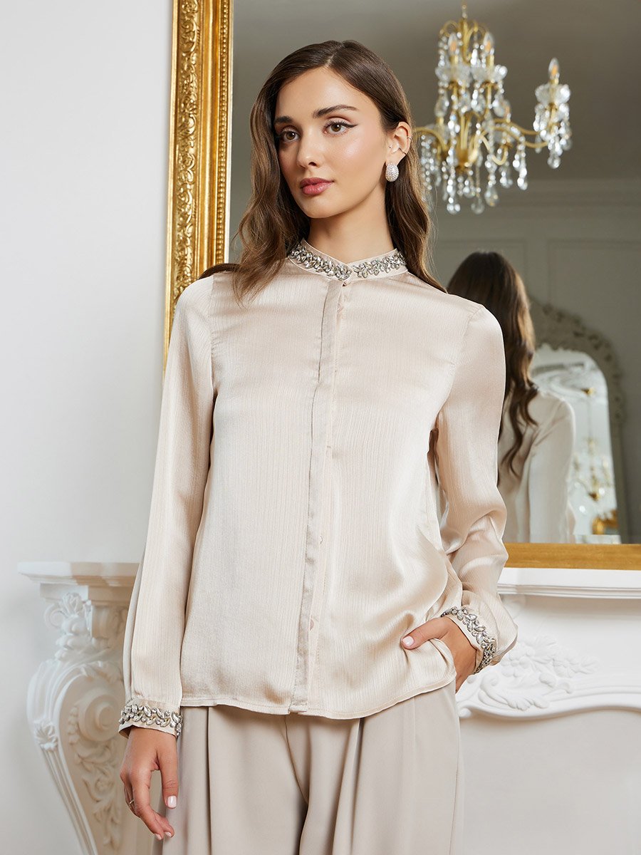 Women Beige Embellished Long Sleeve Shirt