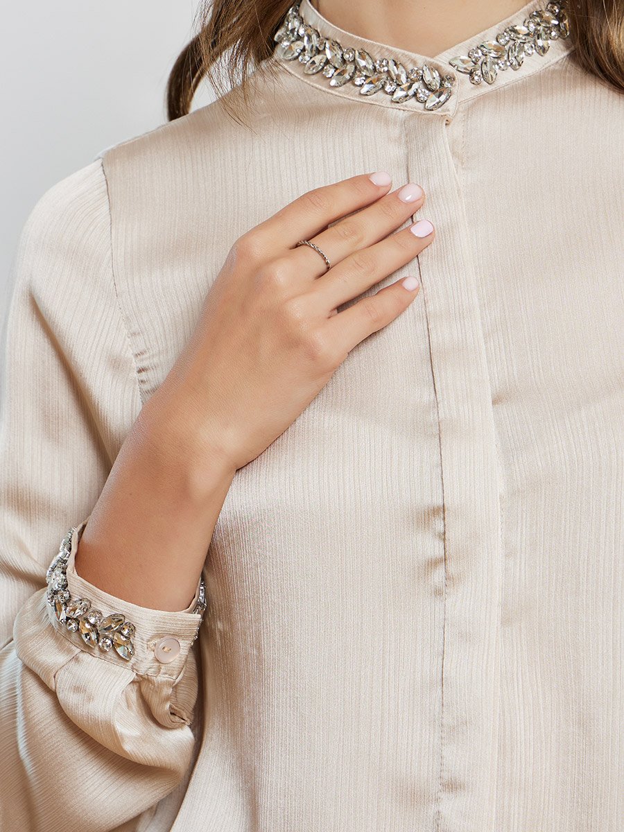 Women Beige Embellished Long Sleeve Shirt