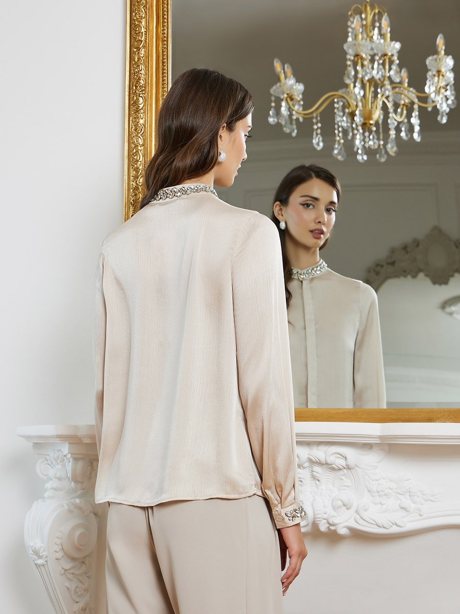 Women Beige Embellished Long Sleeve Shirt