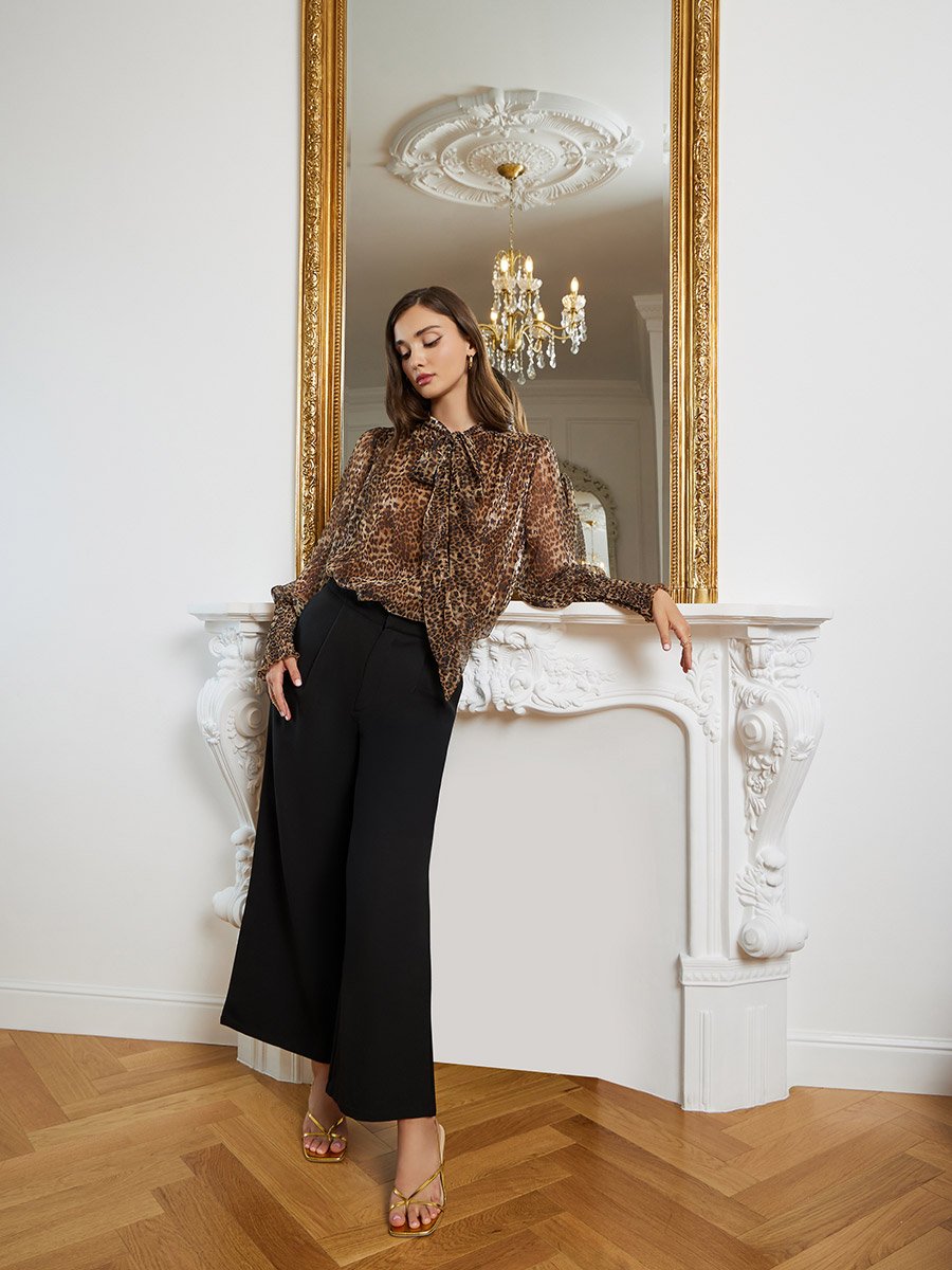 Women Leopard Print Tie Neck Blouse