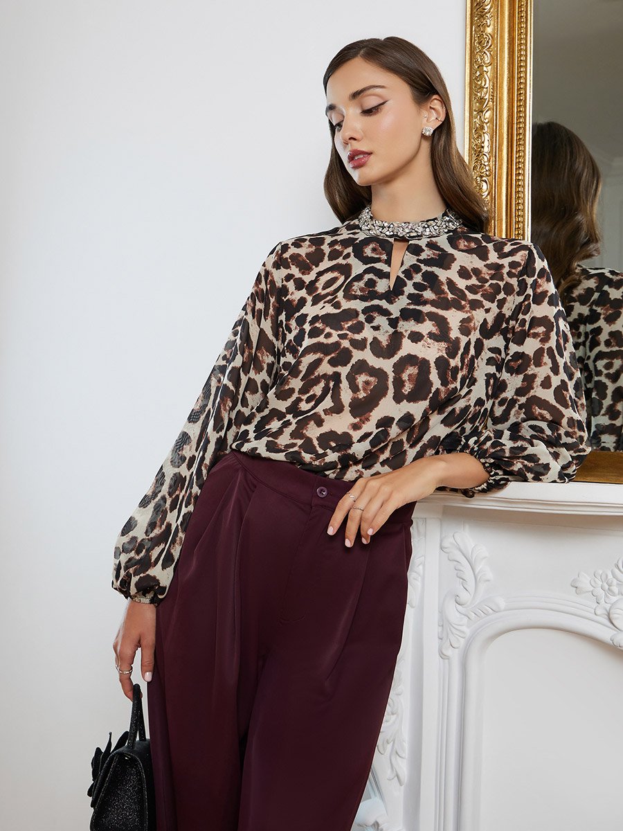 Women Brown Leopard Print Long Sleeve Blouse