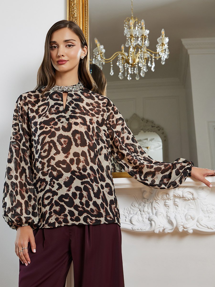 Women Brown Leopard Print Long Sleeve Blouse